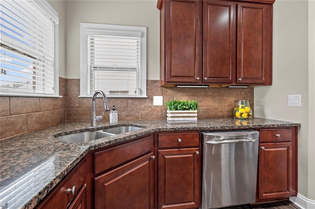 29 Lankford Rd, Tucker, GA 30084 - kitchen with a sink, tasteful backsplash, dark stone counters, and dishwasher