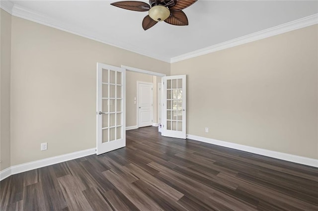 29 Lankford Rd, Tucker, GA 30084 - empty room featuring french doors, a ceiling fan, dark wood finished floors, crown molding, and baseboards