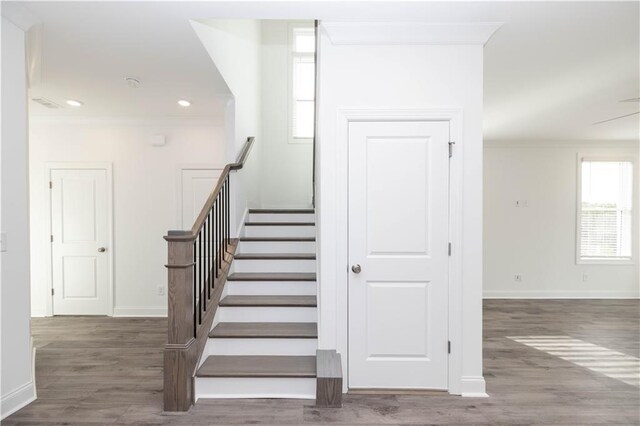 711 Dodd Ln N Unit 166, Buford, GA 30518 - stairs with baseboards, ornamental molding, wood finished floors, and recessed lighting