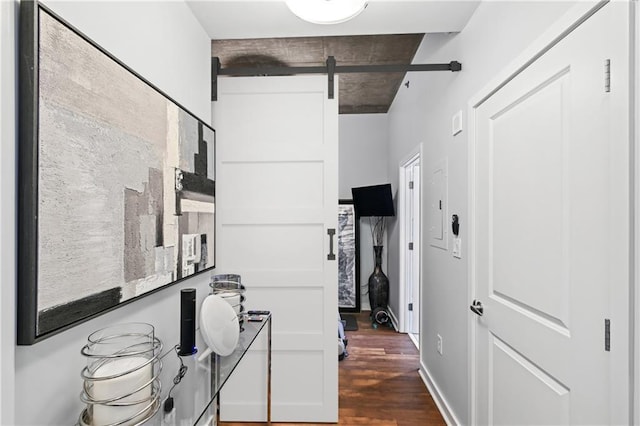 hallway with a barn door and dark wood-type flooring