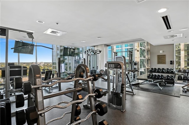 exercise room featuring floor to ceiling windows