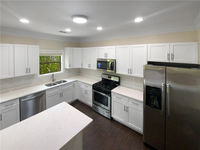 kitchen featuring dark hardwood / wood-style flooring, stainless steel appliances, white cabinetry, and sink