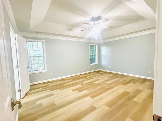 7675 Lanier View Rdg, Cumming, GA 30041 - spare room featuring a raised ceiling, plenty of natural light, crown molding, baseboards, and light wood-type flooring
