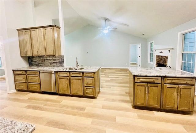 7675 Lanier View Rdg, Cumming, GA 30041 - kitchen featuring dishwasher, a ceiling fan, a sink, light wood-style flooring, and open floor plan