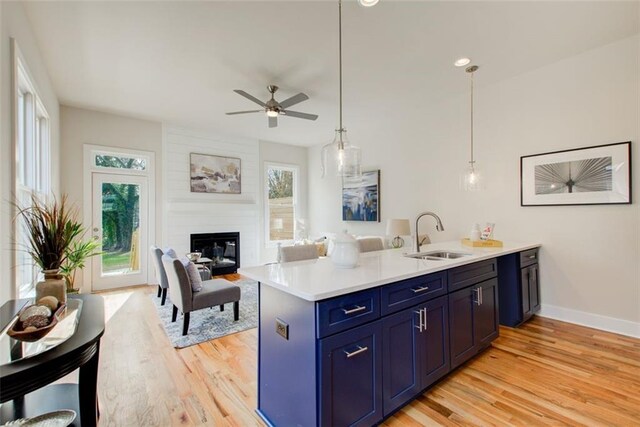 1240 Oakland Ter SW Unit B, Atlanta, GA 30310 - kitchen with light wood-style flooring, ceiling fan, blue cabinets, a peninsula, and light countertops