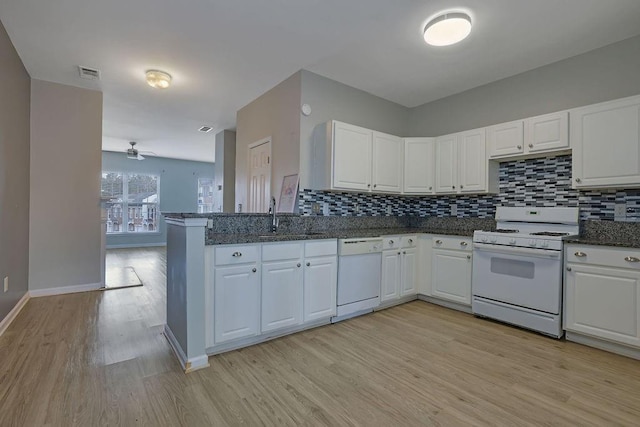 kitchen with sink, white cabinets, decorative backsplash, kitchen peninsula, and white appliances