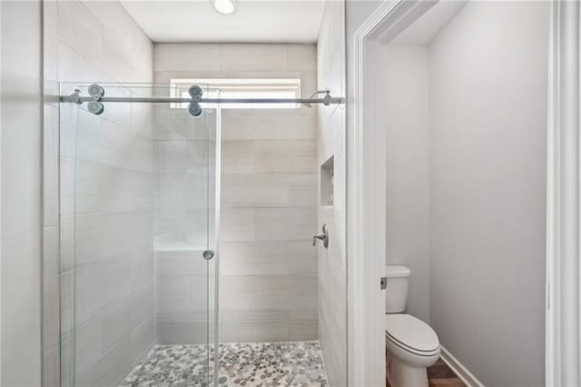 bathroom with toilet and an enclosed shower