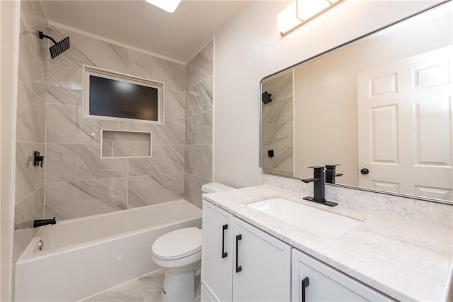 full bathroom with toilet, tub / shower combination, marble finish floor, and vanity