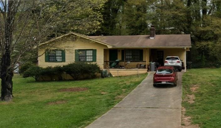 4363 Railroad St, Oakwood, GA 30566 - ranch-style home with a porch, a front yard, a chimney, and driveway