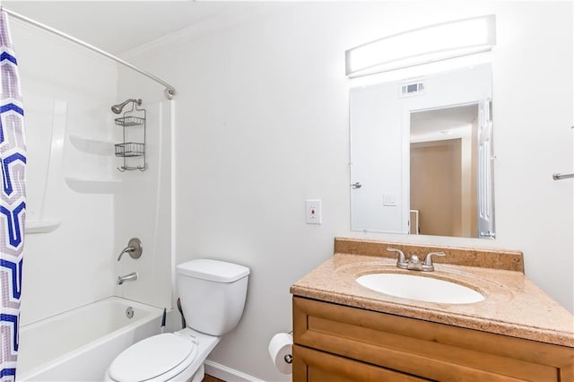 full bathroom with vanity, shower / tub combo, crown molding, and toilet