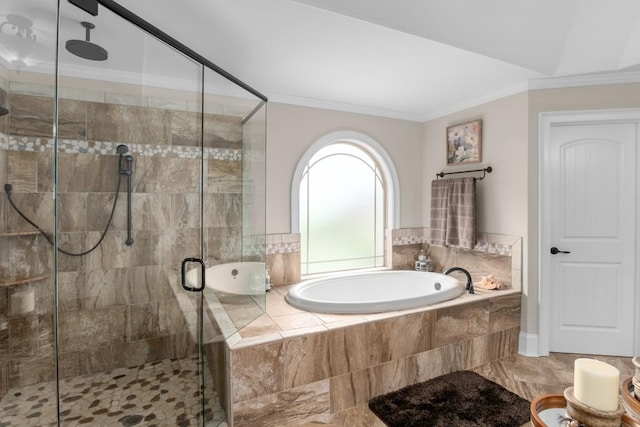 bathroom with independent shower and bath and crown molding