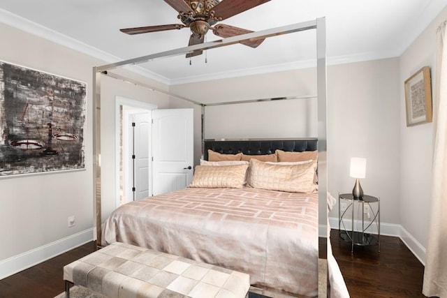 bedroom with ceiling fan, dark hardwood / wood-style flooring, and ornamental molding