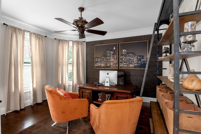 sitting room featuring ceiling fan, dark hardwood / wood-style flooring, and ornamental molding