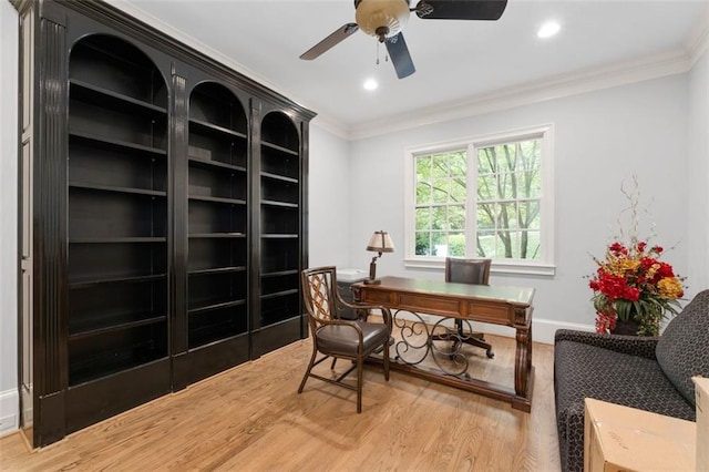 office area featuring wood finished floors, ornamental molding, a ceiling fan, recessed lighting, and baseboards