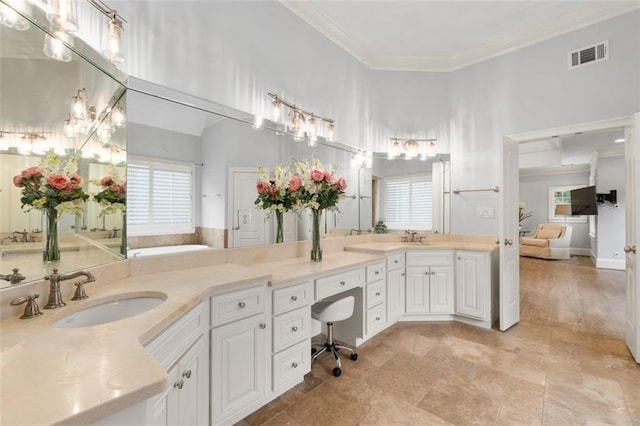 bathroom featuring ornamental molding, double vanity, a high ceiling, and a bath