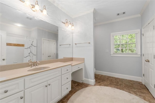 bathroom featuring baseboards, vanity, toilet, ornamental molding, and a shower with shower curtain