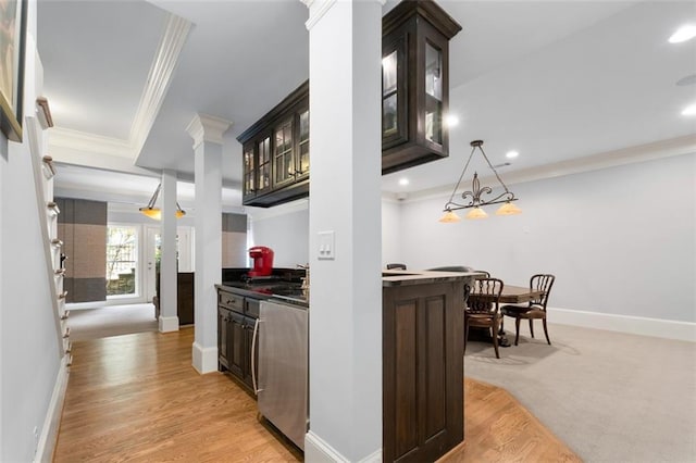 indoor wet bar with recessed lighting, crown molding, baseboards, light wood finished floors, and decorative columns