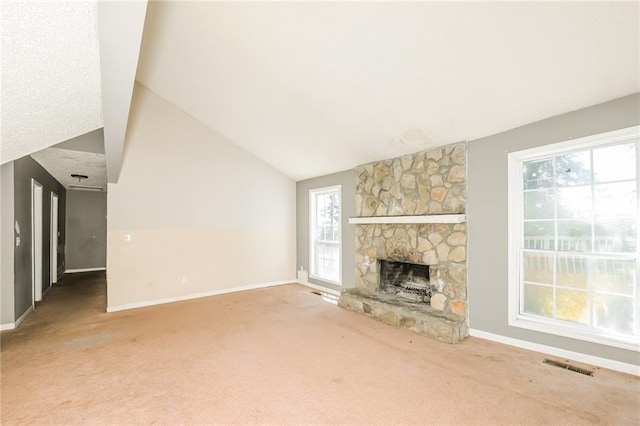 2325 E Hill Way, Norcross, GA 30071 - unfurnished living room featuring carpet flooring, baseboards, a fireplace, and lofted ceiling