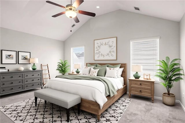 325 Nutwood Trce, Locust Grove, GA 30248 - bedroom with light colored carpet, baseboards, ceiling fan, and high vaulted ceiling