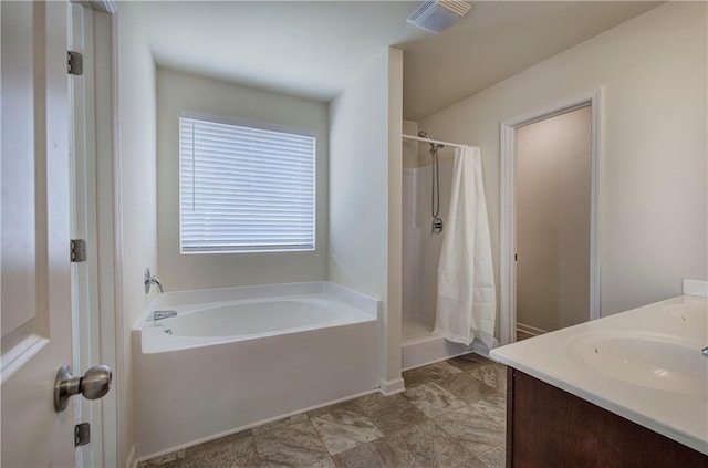 bathroom featuring double vanity, a bath, visible vents, curtained shower, and a sink