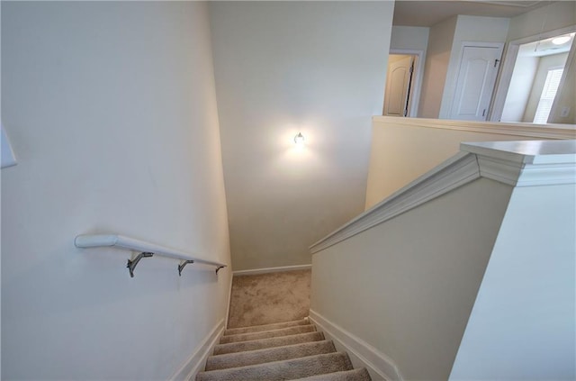 stairway with baseboards and carpet