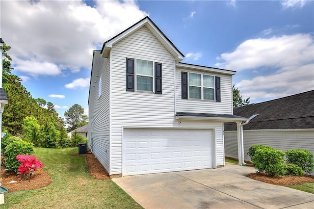 view of front of house featuring central air condition unit, an attached garage, driveway, and a front lawn