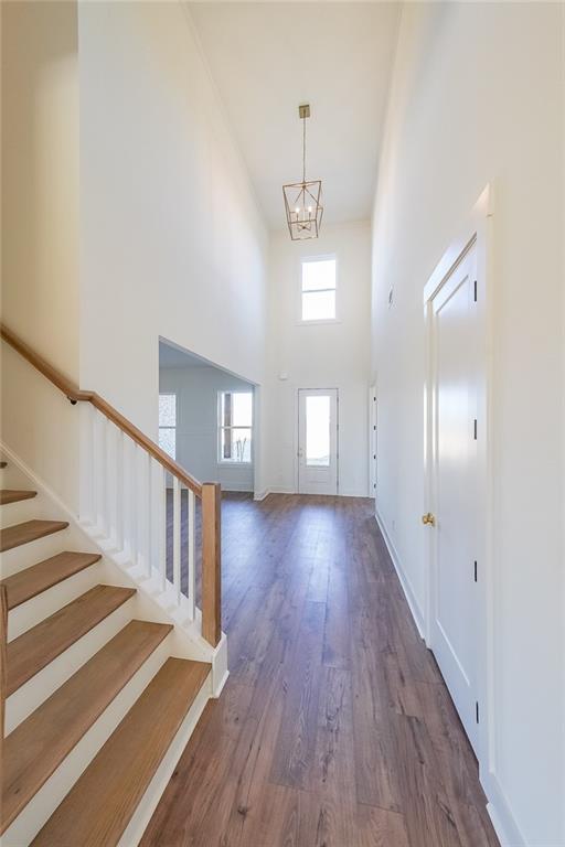 entryway featuring dark hardwood / wood-style flooring, a towering ceiling, and an inviting chandelier