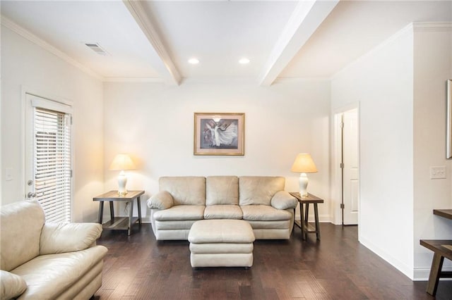 living room with crown molding, beam ceiling, and dark hardwood / wood-style flooring