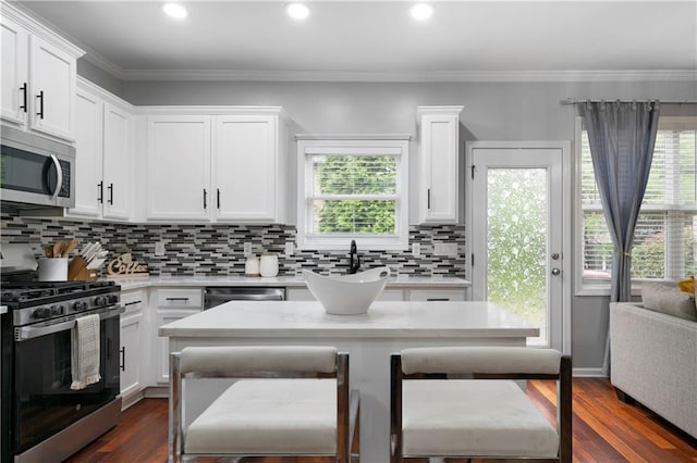 kitchen with stainless steel appliances, light countertops, plenty of natural light, recessed lighting, and ornamental molding