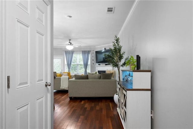 living room featuring ornamental molding, a ceiling fan, and dark wood-style flooring
