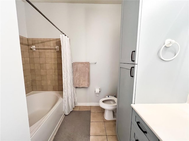 full bathroom with vanity, toilet, shower / bath combo, and tile patterned flooring