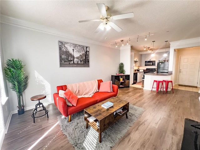 living room featuring rail lighting, a textured ceiling, ceiling fan, and ornamental molding