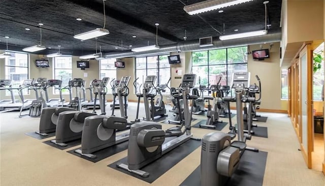 workout area featuring light colored carpet