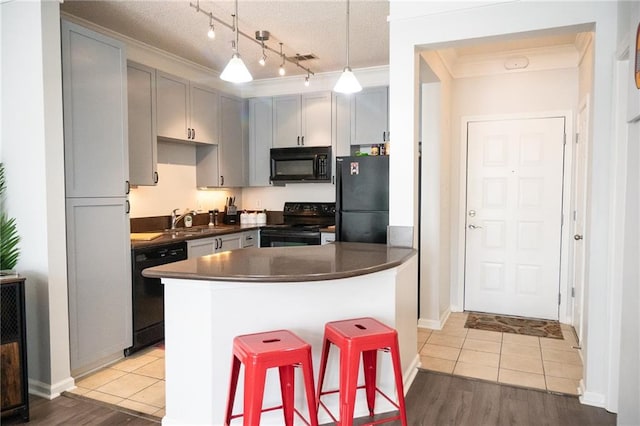 kitchen featuring light hardwood / wood-style flooring, rail lighting, black appliances, sink, and gray cabinetry