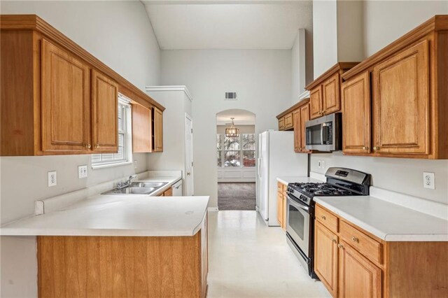 1559 Hillary Cove Ct, Lawrenceville, GA 30043 - kitchen with appliances with stainless steel finishes, a sink, brown cabinets, light countertops, and arched walkways