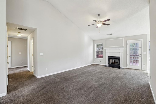 1559 Hillary Cove Ct, Lawrenceville, GA 30043 - unfurnished living room with a ceiling fan, carpet floors, baseboards, and high vaulted ceiling