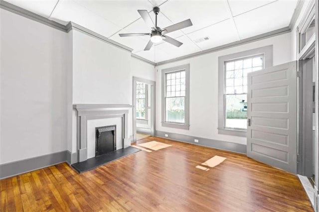 unfurnished living room featuring plenty of natural light, ornamental molding, and a fireplace with raised hearth