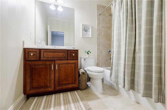 full bathroom with tile patterned floors, vanity, toilet, and shower / bath combo with shower curtain