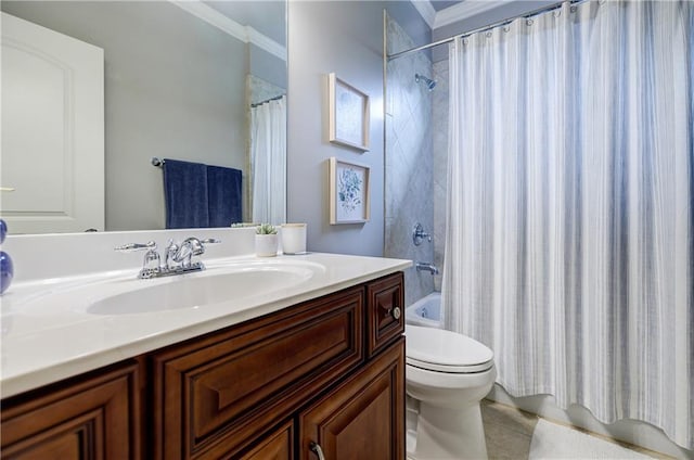 full bathroom featuring vanity, shower / bath combination with curtain, toilet, and crown molding