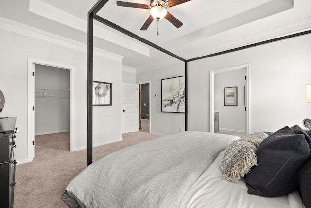 carpeted bedroom featuring a spacious closet, connected bathroom, ceiling fan, ornamental molding, and a closet