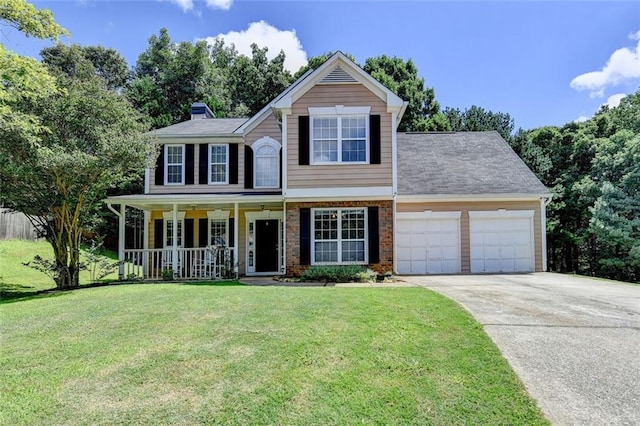 5385 Spotted Fawn Ct, Suwanee, GA 30024 - view of front of property with an attached garage, covered porch, concrete driveway, and a front yard