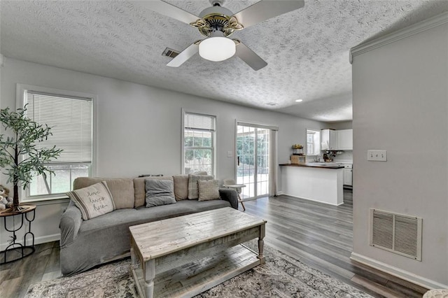 5385 Spotted Fawn Ct, Suwanee, GA 30024 - living area with a textured ceiling, ceiling fan, and wood finished floors