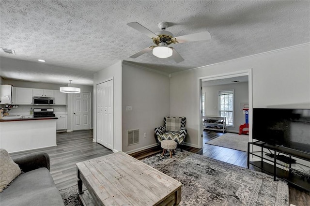 5385 Spotted Fawn Ct, Suwanee, GA 30024 - living room with wood finished floors, a textured ceiling, ceiling fan, and crown molding