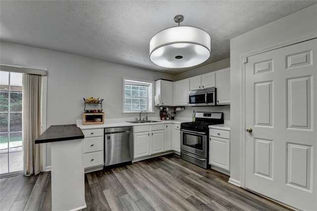 5385 Spotted Fawn Ct, Suwanee, GA 30024 - kitchen with stainless steel appliances, a textured ceiling, dark wood-style floors, and white cabinets