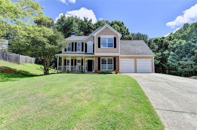 5385 Spotted Fawn Ct, Suwanee, GA 30024 - view of front of house featuring a garage, covered porch, concrete driveway, brick siding, and a chimney