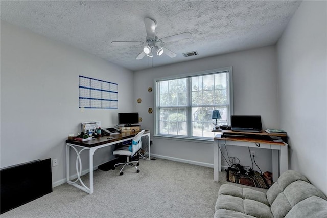 5385 Spotted Fawn Ct, Suwanee, GA 30024 - home office with ceiling fan, carpet, and a textured ceiling