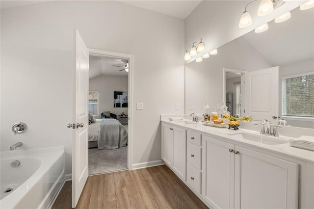 bathroom with hardwood / wood-style flooring, walk in shower, and vanity