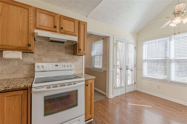 kitchen with backsplash, under cabinet range hood, lofted ceiling, light wood-style floors, and electric range