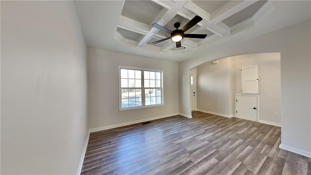 empty room featuring ceiling fan, beamed ceiling, coffered ceiling, and hardwood / wood-style flooring