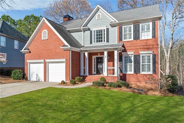 view of front of home with a garage and a front lawn